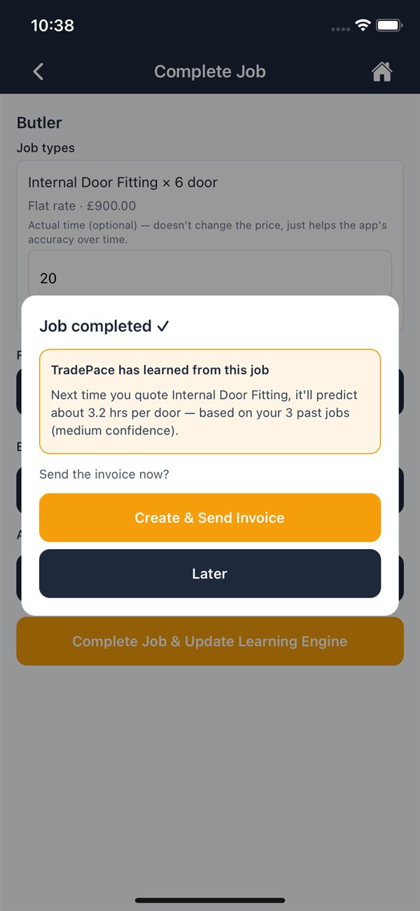 TradePace job completed screen saying it has learned from the job and will predict about 3.2 hours per door next time